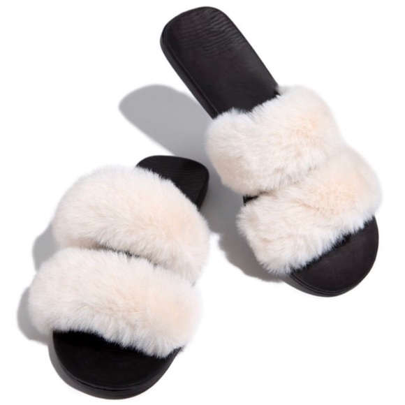 Double Band White Faux Fur Slides Sandals Slippers - Picture 4 of 7